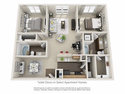 Floor plan for 2 beds, 2 baths, 1078 sqft